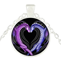 Silver Purple Dragon Theme Glass Flat Round Pendant Necklace with Alloy Chains, Silver, 27.56 inch(70cm)