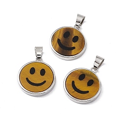 Tiger Eye Natural Tiger Eye Pendants, Flat Round with Smiling Face Charms, with Rack Plating Platinum Tone Brass Findings, Cadmium Free & Lead Free, 21x18.5x3mm, Hole: 4x6mm