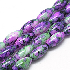 Violet Baking Painted Glass Beads Strands, Swirl Glass Beads, Oval, Violet, 22x10~10.5mm, Hole: 1mm, about 37pcs/strand, 33.06 inch(83.9cm)