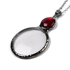 Dark Red Flat Round Glass Magnifying Pendant Necklace for Women, Gunmetal, Dark Red, 22.05 inch(56cm)