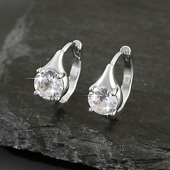 Platine Boucles d'oreilles créoles pavées de zircons cubiques transparents en laiton, larme, platine, 16x6mm