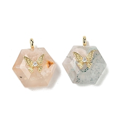 Вишневый агат Подвески из натурального вишневого агата с огранкой, Шестиугольные подвески с латунной паве из прозрачных кубических цирконий в форме бабочки, реальный 18 k позолоченный, долговечный, стойки покрытие, 22x19x10 мм, отверстие : 3.5x2 мм