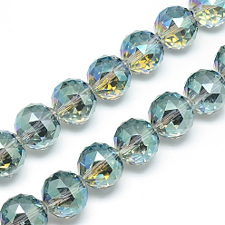 Pale Turquoise Electroplate Glass Bead Strands, Rainbow Plated, Faceted, Round, Pale Turquoise, 13~14x13~14mm, Hole: 1.5mm, about 50pcs/strand, 26 inch
