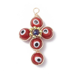 Red Brass Wire Wrapped Handmade Evil Eye Lampwork Pendants, with Glass Beads, Cross Charm, Red, 40x24x8.5mm, Hole: 3mm