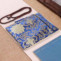 Blue Ethnic Style Silk Sutra Book Zipper Pouch, Scripture Storage Tassel Bags, Rectangle, Blue, 25.5x19.8x0.75cm