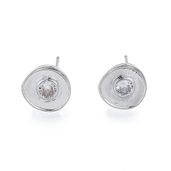 Platinum Brass Clear Cubic Zirconia Stud Earring Findings, with Vertical Loops, Flat Round, Platinum, 10.9x11mm, Hole: 1.4mm, Pin: 0.8mm