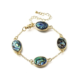 Oval Браслеты из латунных ракушек-абалонов, реальный 18 k позолоченный, стойки покрытие, долговечный, овальные, 6-5/8 дюйм (16.8 см), подвески: 12x22x3 мм