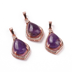 Amethyst Natural Amethyst Pendants, Teardrop Charms, with Rose Gold Tone Rack Plating Brass Findings, 32x19x10mm, Hole: 8x5mm