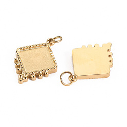 Real 14K Gold Plated 304 Stainless Steel Pendant Cabochon Settings, with Jump Rings, Rhombus, Real 14K Gold Plated, Tray: 11x11mm, Side Length: 8x8mm, 17.5x13x2mm, Jump Ring: 3.8x0.5mm, 2.8mm inner diameter