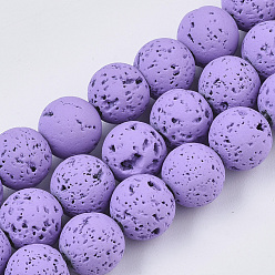 Dark Orchid Spray Painted Natural Lava Rock Beads Strands, Round, Dark Orchid, 8~9mm, Hole: 0.7mm, about 47~48pcs/Strand, 15.75 inch(40cm)