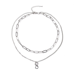 Stainless Steel Color Non-Tarnish 304 Stainless Steel Double Chains Multi Layered Necklace with Infinity Charm for Women, Stainless Steel Color, 16.34 inch(41.5cm)