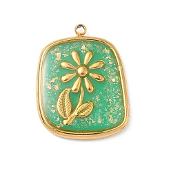 Зеленый 304 подвески из нержавеющей стали, эпоксидной смолы, с натуральными ракушками и пайетками внутри, прямоугольник с цветочными подвесками, реальный 18 k позолоченный, вакуумное покрытие pvd, зелёные, 23x18x3 мм, отверстие : 1.5 мм