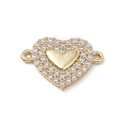 Real 18K Gold Plated Rack Plating Brass Micro Pave Clear Cubic Zirconia Connector Charms, Lead Free & Cadmium Free, Heart Links, Real 18K Gold Plated, 16x22.6x3mm, Hole: 1.5mm
