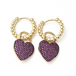 Medium Violet Red Cubic Zirconia Heart Padlock Dangle Hoop Earrings, Real 18K Gold Plated Brass Jewelry for Women, Cadmium Free & Lead Free, Medium Violet Red, 30mm, Pin: 1mm