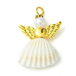 Golden Spiral Shell Angel Pendants, Angel Charms with Alloy Wing, Golden, 35x22.5x9mm, Hole: 3mm