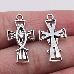 Antique Silver Alloy Enamel Pendant, Crucifix Cross with Jesus Fish, for Easter, Antique Silver, 26x14mm