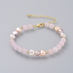 Rose Quartz Beaded Bracelets, with Natural Pearl Beads, Natural Rose Quartz Beads and Golden Plated Brass Chain Extender and Spacer Beads, 7-1/8 inch(18.1cm)