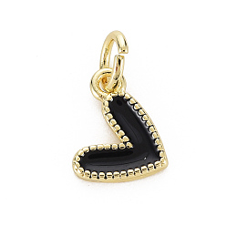 Black Brass Enamel Charms, with Jump Rings, Cadmium Free & Nickel Free & Lead Free, Real 16K Gold Plated, Heart, Black, 9.5x10x1.5mm, Jump Ring: 5x1mm, 3mm inner diameter