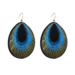 8072 Peacock Blue Boho Ethnic Style Embroidered Tassel Earrings with Peacock Feathers and Pressed Floral Fabric in Oval Shape