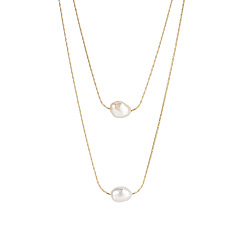 Настоящее золото 14K Двухслойное ожерелье из тонкой цепочки с пресноводным жемчугом - многослойное женское ожерелье с позолотой 14k