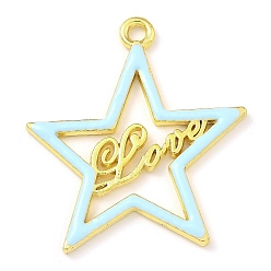 Светло-голубой Подвески из латуни с эмалью в стойку, с целью перехода в кольце, долговечный, без свинца и без кадмия, реальный 18 k позолоченный, звезда с узором слова «любовь», светло-голубой, 37.5x34x2 мм, отверстие : 4 мм