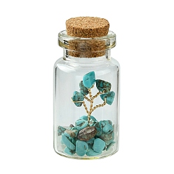 Synthetic Turquoise Transparent Glass Wishing Bottle Decoration, Wicca Gem Stones Balancing, with Tree of Life Synthetic Turquoise Beads Drift Chips inside, 22x45mm