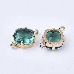 Sea Green Transparent Glass Links connectors, with Brass Findings, Faceted, Rhombus, Light Gold, Sea Green, 16.5x11x6mm, Hole: 1.2mm, Side Length: 11mm