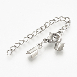 Stainless Steel Color 201 Stainless Steel Chain Extender, Soldered, with Cord Ends and Lobster Claw Claspss, Stainless Steel Color, 30mm long, Lobster: 10x7x3.5mm, Cord End: 8x2.5x2.5mm, 2mm Inner Diameter, Chain Extenders: 48~50mm