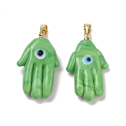 Lime Green Handmade Lampwork Pendants, with Real 18K Gold Plated Brass Findings, Cadmium Free & Lead Free, Hamsa Hand/Hand of Miriam with Evil Eye, Lime Green, 30x17x5.5mm, Hole: 5x3.5mm