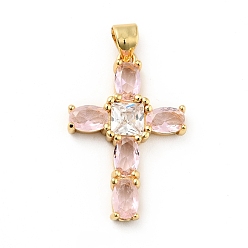 Pink Rack Plating Brass Micro Pave Cubic Zirconia Pendants, Long-Lasting Plated, Lead Free & Cadmium Free, Cross, Real 18K Gold Plated, Religion, Pink, 26.5x18x4mm, Hole: 3.5x4mm