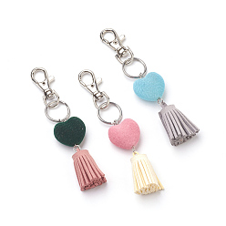 Mixed Color Alloy Keychain, with Faux Suede Cord Tassel and Acrylic Beads, Mixed Color, 120mm, Heart: 24x24.5x14mm, Tassel: 34x15mm