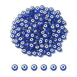 Medium Blue Transparent Acrylic Beads, Flat Round with Evil Eye Pattern, Medium Blue, 7x4mm, Hole: 1.5mm