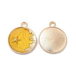 Yellow Alloy Enamel Pendants, Flat Round with Star & Moon Charm, Golden, Yellow, 25x21x2.3mm, Hole: 3mm