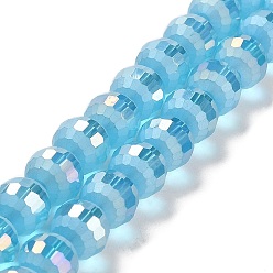 Sky Blue Electroplate Glass Beads Strands, AB Color Plated, Frosted and Faceted(96 Facets), Round, Sky Blue, 9.5~10x9~9.5mm, Hole: 1.8mm, about 69~70pcs/strand, 24.57''(62.4~63.1cm)