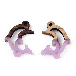 Plum Opaque Resin & Walnut Wood Connector Charms, Dolphin Links, Plum, 14x18.5x3mm, Hole: 1.5mm