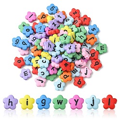 Mixed Color Opaque Acrylic Flower Horizontal Hole Beads, Random Mixed Letters, Mixed Color, 11x11x4mm, Hole: 2mm