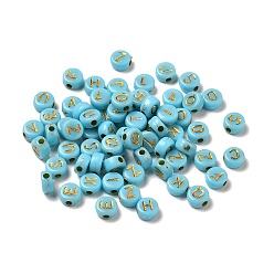 Light Sky Blue Plating Acrylic Beads, Golden Metal Enlaced, Horizontal Hole, Flat Round with Letter, Light Sky Blue, 6.5~7x3.5~4mm, Hole: 1.6mm, about 3600g/500g
