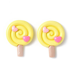 Yellow Opaque Resin Cabochons, Lollipop with Heart, Yellow, 34.5x26x8.5mm