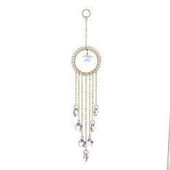 Rose Quartz Glass Star Pendant Decorations, Hanging Suncatchers, with Natural Rose Quartz Bead, for Home Decorations, 221mm
