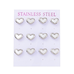 Stainless Steel Color 304 Stainless Steel Shell Stud Earrings, with Ear Nut, Stainless Steel Color, 9x11mm, Pin: 0.8mm, 6 pairs/card