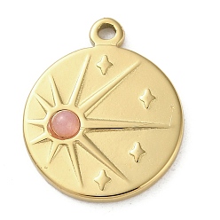 Розовый Кварц Вакуумное покрытие pvd 316 подвески из нержавеющей стали, с натуральным розовым кварцем, плоско-круглые, реальный 18 k позолоченный, 21.5x17.5x3.5 мм, отверстие : 1.8 мм
