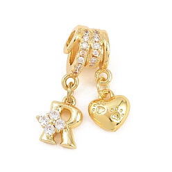Letter R Латунные микропаве прозрачные подвески с фианитом, сердце прелести, долговечный, стойки покрытие, без кадмия и без свинца, реальный 18 k позолоченный, Буква R, 23.5 мм, отверстия : 3 mm и 4 мм, Сердце: 8.5x8x3.5 mm, Письмо: 10x8x3.5 мм