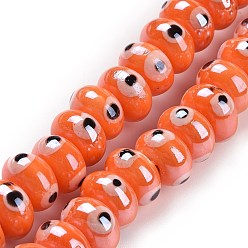 Coral Handmade Procelain Beads Strands, Abacus with Evil Eyes, Coral, 8.5x5mm, Hole: 1.5mm, about 55pcs/strand, 11.57''(29.4cm)