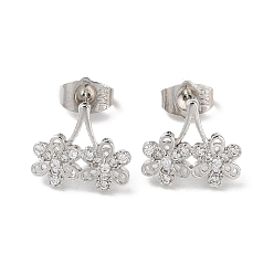 Platinum Brass Rhinestone Stud Earrings, Flower, Platinum, 12.5x14mm