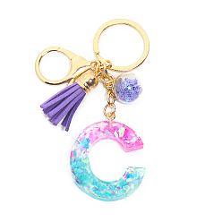 Letter C Resin Keychains, Tassel Keychain, Glass Ball Keychain, with Light Gold Tone Plated Iron Findings, Alphabet, Letter.C, 11.2x1.2~5.7cm