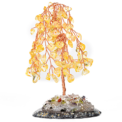 Citrine Natural Citrine Display Decoration, with Brass Wire, Agate Slice Base, for Home Desk Decorations, Tree of Life, 50~70x100mm