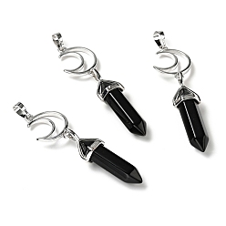 Obsidian Natural Obsidian Double Terminated Pointed Big Pendants, with Platinum Tone Brass Findings, Cadmium Free & Lead Free, Moon with Bullet, Faceted, 70~75mm, Hole: 4.6x8mm