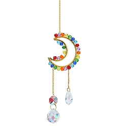 Moon Colorful Glass Beaded Woven Net Suncatchers, Hanging Pendant Decorations with Golden Metal Finding, Moon, 270mm