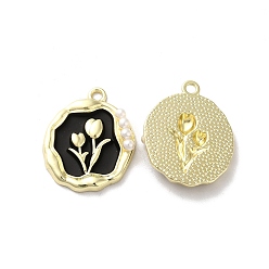 Black Alloy Enamel Pandants, with ABS Plastic Imitation Pearl, Lead Free & Cadmium Free, Light Gold, Oval with Flower, Black, 23.5x19x4.5mm, Hole: 1.8mm