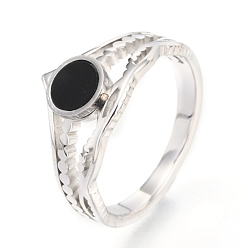 Stainless Steel Color 304 Stainless Steel Finger Rings, with Resin, Flat Round, Black, Stainless Steel Color, US Size 7, Inner Diameter: 17mm